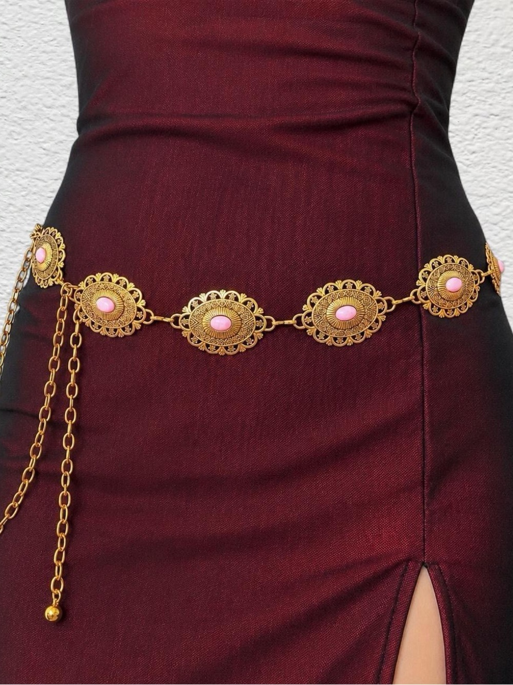 Plus Size Gold bohemian floral retro pink stone western metal waist body chain